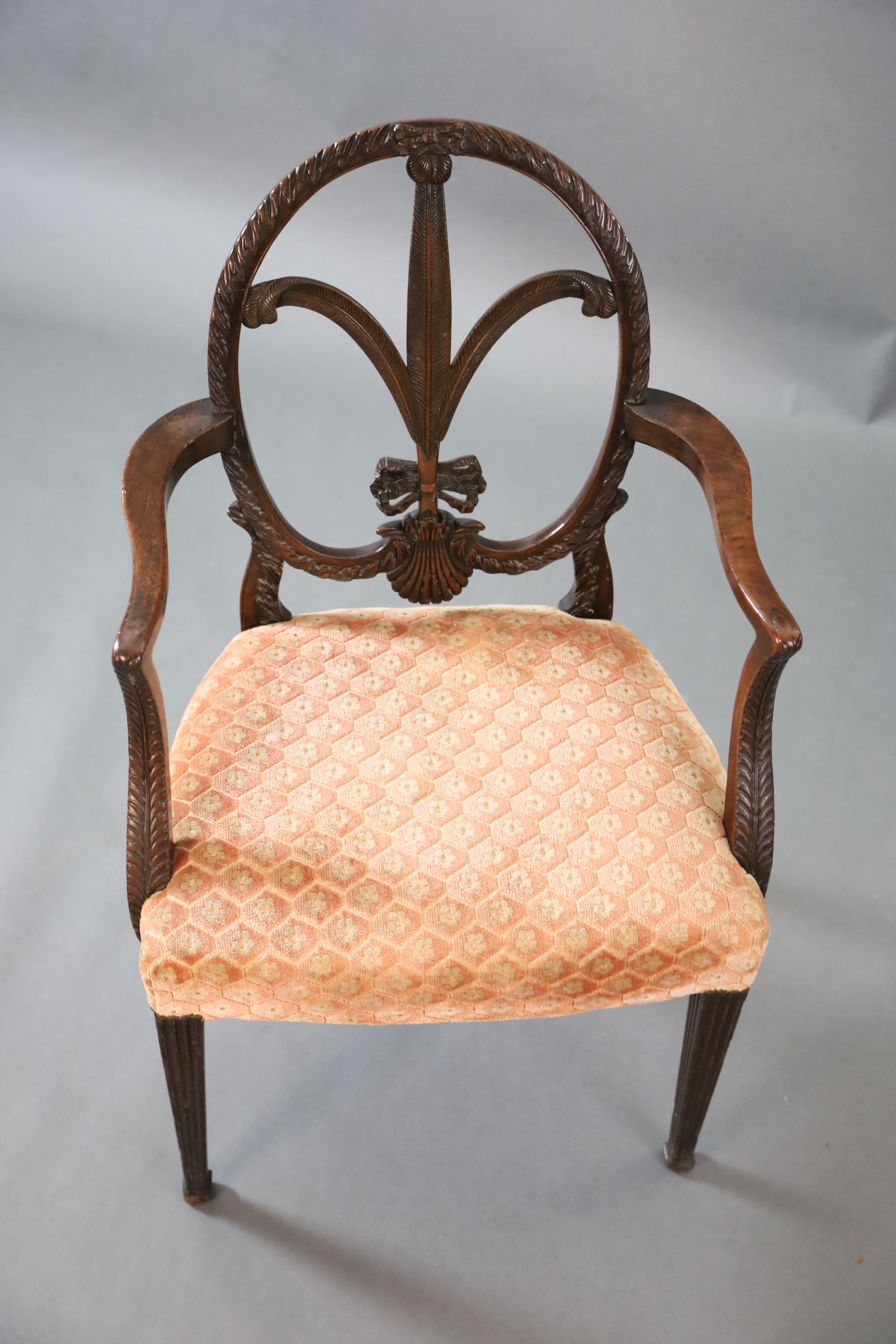 A George III Hepplewhite style mahogany elbow chair, W.1ft 10in. D.1ft 8in. H.3ft 1in.
